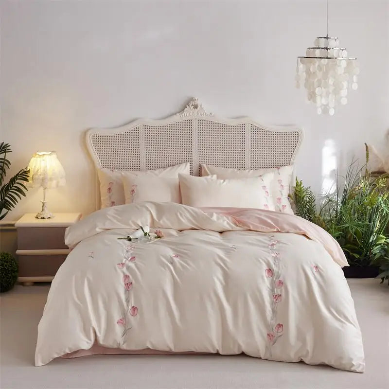 Cyflymder  Long-staple Cotton Floral Blossom Embroidery Comfortable Ultra Soft (1Duvet Cover+1Flat Bedsheet/Fitted Bedsheet+ 2Pillowcases)