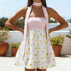 Cyflymder  Summer Color Blocked Pleated Mini Dress Elegant High Waist Off Shoulder Party Dress Beach Vacation Sleeveless Ribbon Short Dress