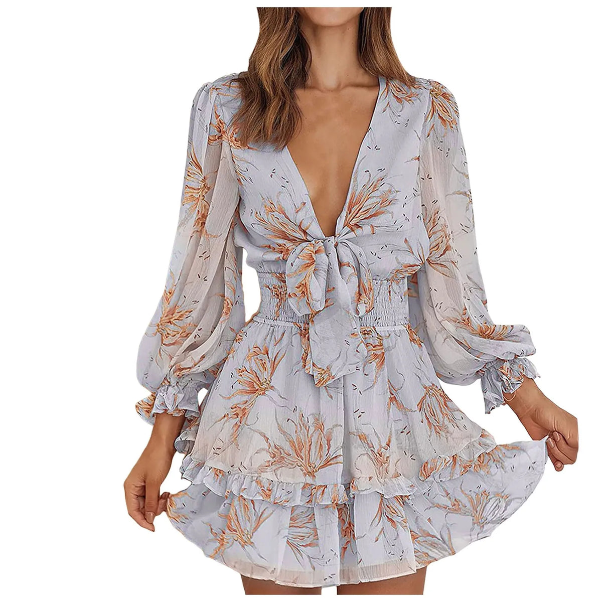 Cyflymder  Women'S Summer Floral Print Chiffon Dress Deep V Neck Long Sleeve Ruffled Hem Mini Dress Knot Waist A Line Cute Boho Beach Dress
