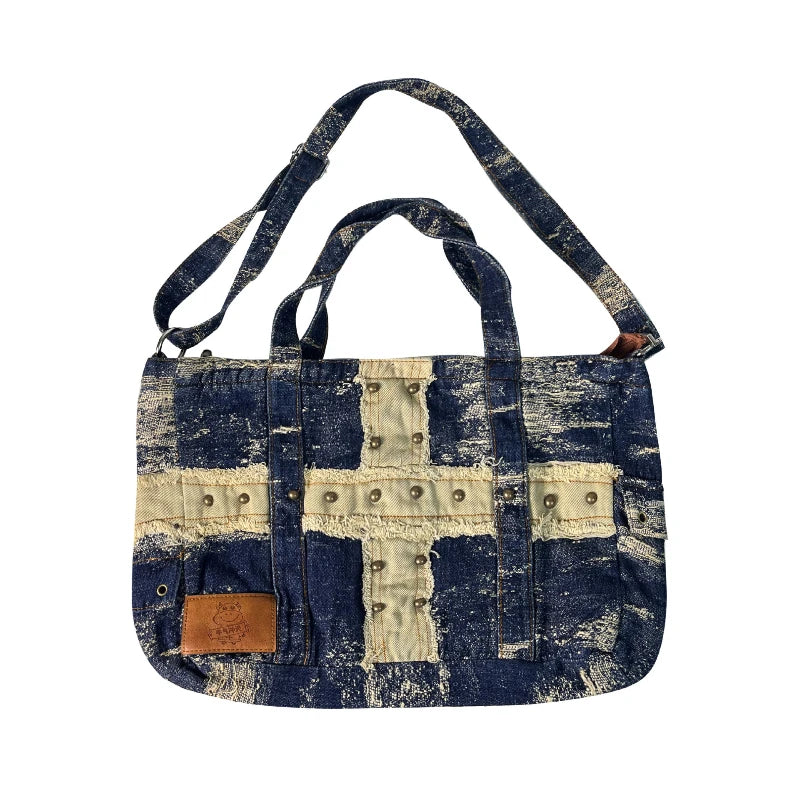 Cyflymder  High-capacity Patchwork Cross Vintage Rivet Shoulder Underarm Bag Grunge Punk Denim Bags Y2k Aesthetic Women Handbags Crossbody