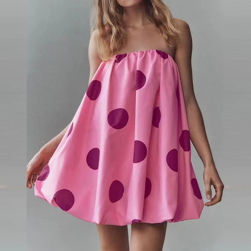 Cyflymder  Women Elegant Hight Waist Loose A-Line Dress Sexy Off Shoulder Strapless Short Dress Retro Polka Dot Print Sleeveless Mini Dress