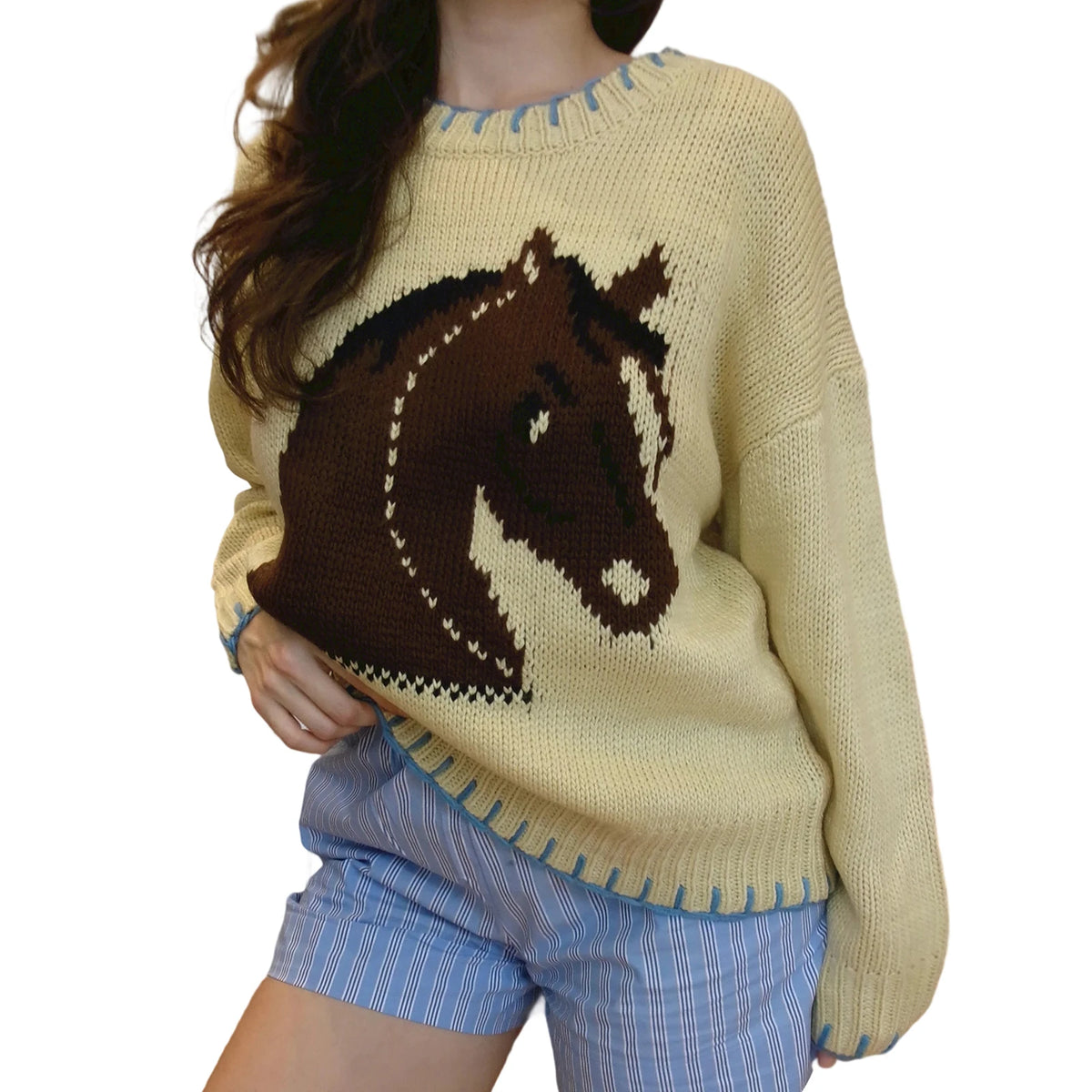 Cyflymder  Women s Cozy Crew Neck Sweaters Stylish Horse Print Pullover Soft Knitwear for Autumn Fashionable Street Style