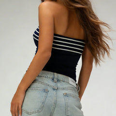 Cyflymder  Summer Women's Reversible Strapless Vest Stylish Striped Sleeveless Crop Tube Tops Bandeau Blouse for Party Date Night Wear
