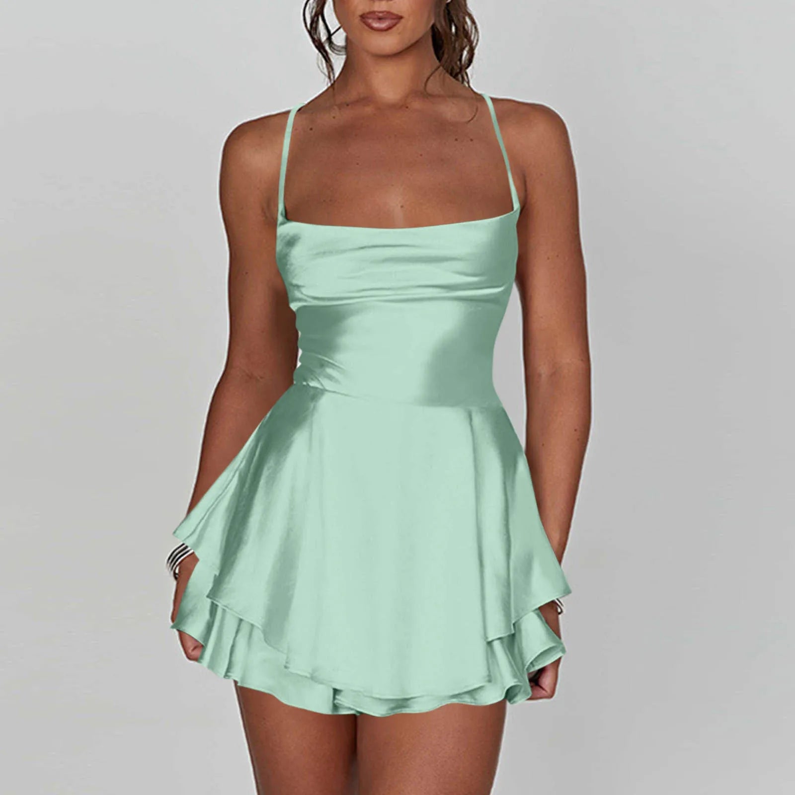 Cyflymder  Ladies' Silk And Satin Elegant Sexy Slim Beautiful Backless Short Dress Cowl Neck Cross Spaghetti Strap Party Pleated Mini Skirt