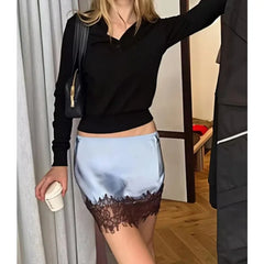 Cyflymder  Lace Patchwork Sexy Mini Skirt for Women Elegant Stain Straight Elastic Female Skirt Casual Slim Fashion Streetwear