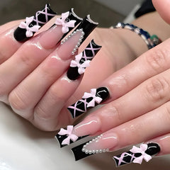 Cyflymder  24Pcs Long Square Press on Fake Nails French Leopard Print Detachable False Nails 3D Bow Flower Rhinestone Full Cover Nails Tips