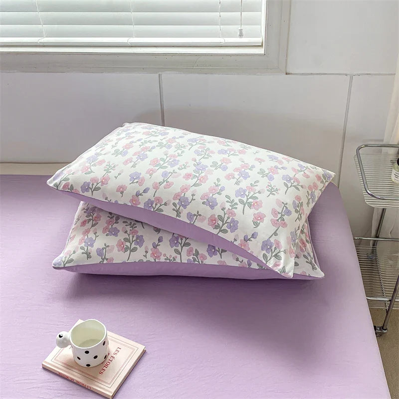 Cyflymder Purple Flowers Bedding Sets Romantic Floral Duvet Covers Bed Flat Sheet Pillowcases Washed Cotton Quilt Cover Girls Bed Linen