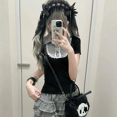 Cyflymder  Gothic Y2k Lolita Style T-Shirts Women Japanese Vintage Lace Black White Plaid Patchwork Tees Summer Sweet Cute Short Sleeve Top
