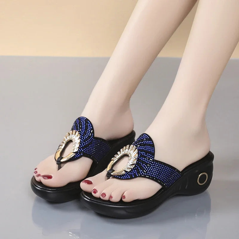 Cyflymder   Women's Open Toe Slippers Sequins Decor Platform Ladylike Sweet New Summer Fashion Popular Comfy High Thick Heel Slippers