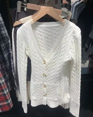 Cyflymder  Cable Knit V-neck Cardigan Women Spring Simple Basic Casual Cotton V-neck Slim Jumper Sweet Chic Long Knitted Tops