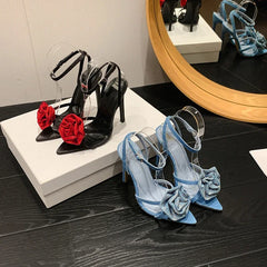 Cyflymder  New Style  Flower Ankle Buckle Strap Thin Heels Denim Sandals Women's Pointed Toe Party Female Shoes Sandals Zapatos Mujer
