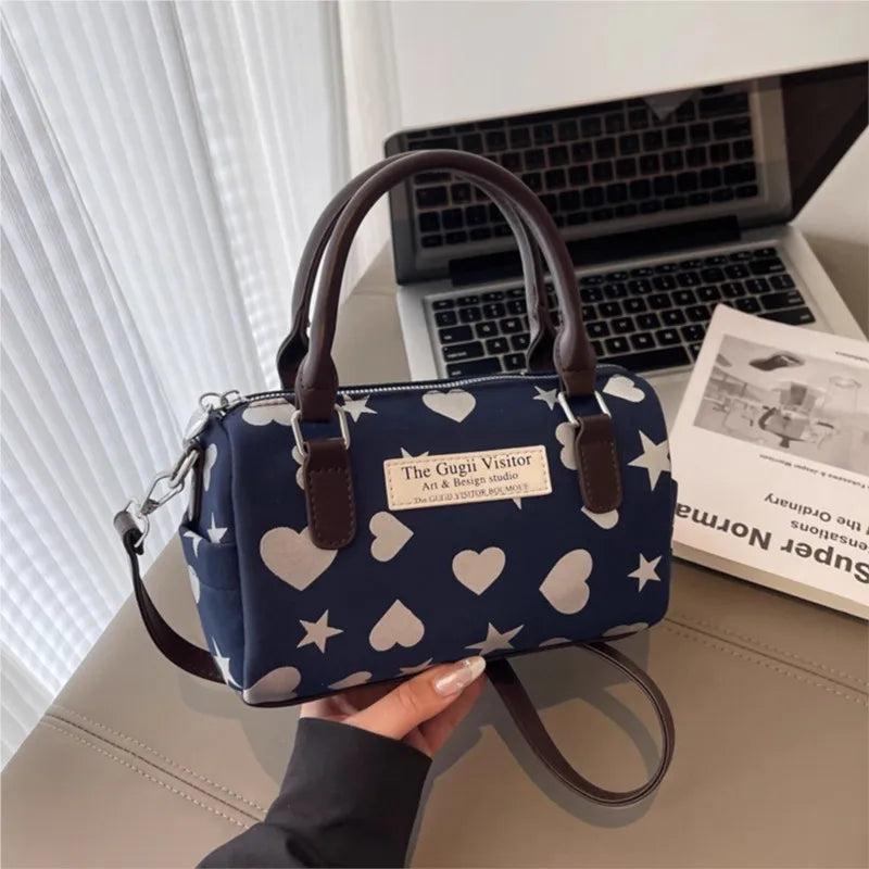 Cyflymder  Harajuku Style Heart Star Print Canvas Bag Women Sweet Cute Boston Bag Ladies Versatile Fashion Trendy Handbag Y2k Aesthetic New