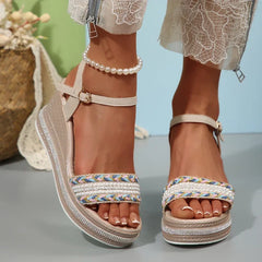 Cyflymder  Fashion Pearl Striped Wedge Sandals for Women Summer Comfort Thick Sole Beach Shoes Women Ankle Strap Chunky Platform Sandalias