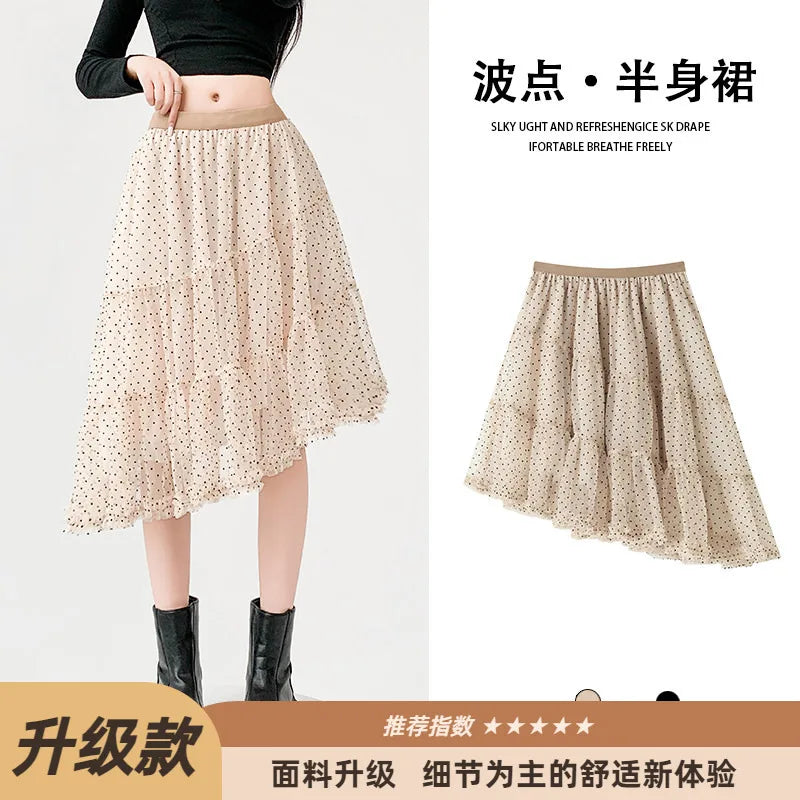 Cyflymder   Women's A-Line  Skirt Polka Dot Tulle High Waist Slimming Pleated Anti-Light Summer New Style Korean Version Polyest...