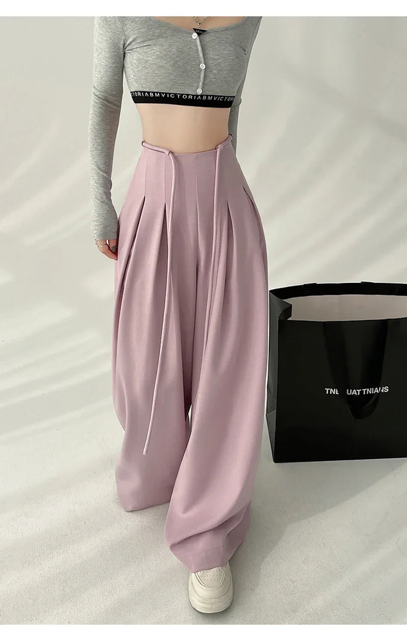 Cyflymder  Streetwear Wide Leg Pants Women Korean Black High Waist Suit Pants Summer Fashion Elegant Lace Up Straight Trousers New