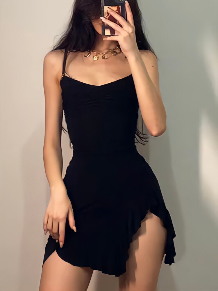 Women Sleeveless Dress Women Spaghetti Strap Tight Fit Solid Black  Fashionable Sexy Causal Short Dress