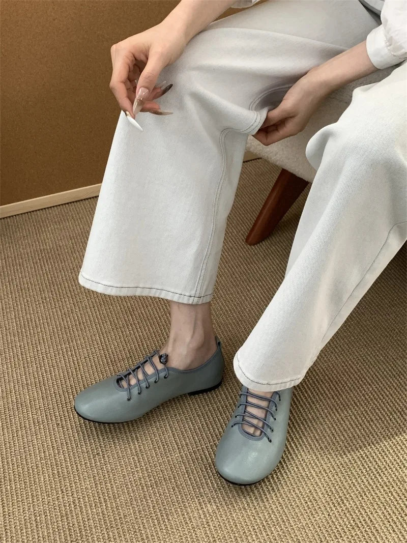 Cyflymder  Retro Lace Soft Leather Women Flats Cozy Round Toe Ballet Style Outdoor Walking Casual Shoes Ladies Fashion Brand Designer Pumps