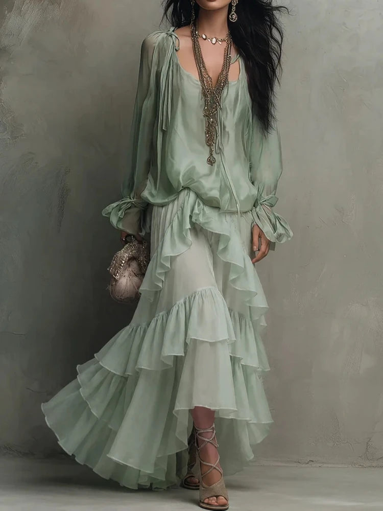 Cyflymder   Boho Flowy Chiffon Matching Set Women Tie Shoulder Sheer Blouse Tiered Ruffle Maxi Skirt Elegant Beach Holiday Two Piece Dress