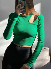 Autumn Winter Ribber Knitted T Shirts Women Green Spring Cut Out White Basic Long Sleeve Crop Tops Casual Tees Cyflymder