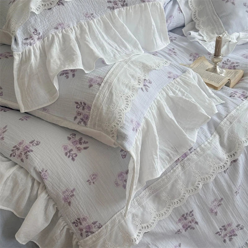 Cyflymder  Flowers Print Lace Ruffles Bedding Set 100% Cotton Double Layer Yarn Soft Duvet Cover Bed Sheet/Fitted Sheet Pillowcases 4Pcs