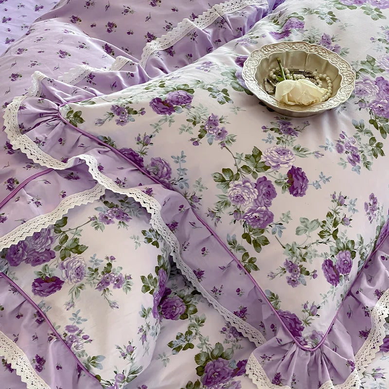 Cyflymder  Rustic Vintage French Rose Floral Ruffles 100% Cotton Bedding Set Duvet Cover Set Flat/Fitted Bed Sheet Pillowcases 4Pcs