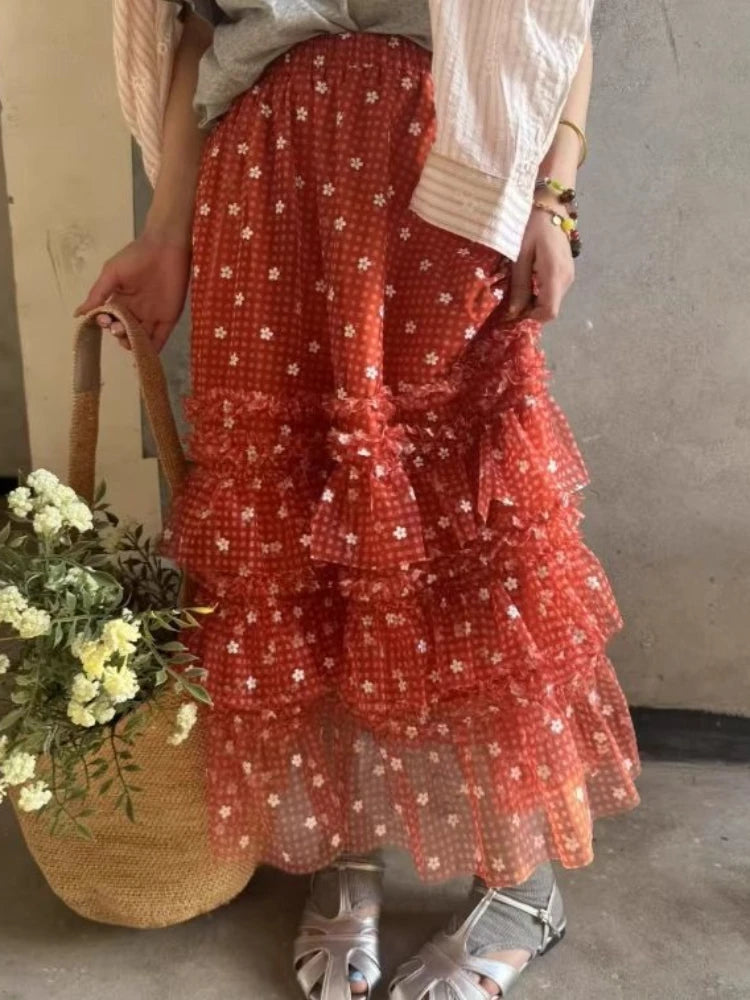 Cyflymder  French Vintage Floral Ruffle Midi Skirt Women Sweet High Waist Layered A Line Skirts New Design Fashion Harajuku Fairy Clothing