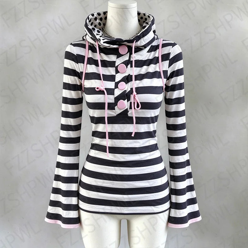 Cyflymder  Stripes Vintage Y2K High collar Punk Women Classic Slim Tide T-shirt Darkwave Fashion Tee Tops Pink Cute Polka dot Tide Clothing