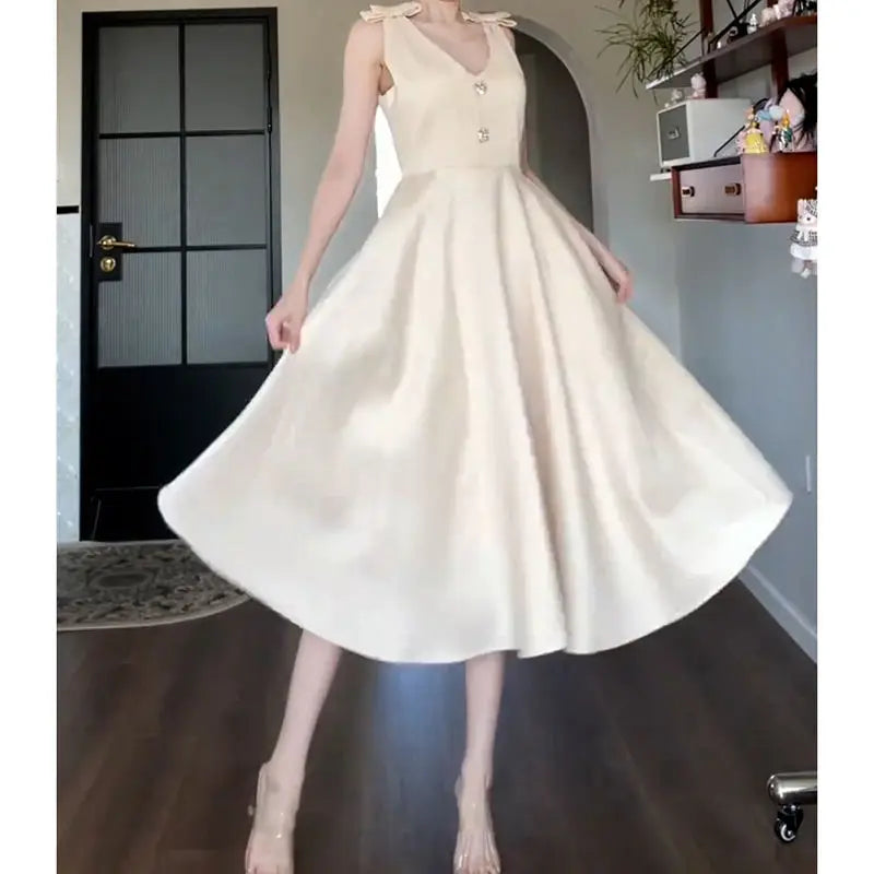 Cyflymder  Summer Champagne Bow A Line Dress Women Elegant Slim Waist Party Dress