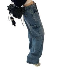 Cyflymder  Drawstring Large Pocket Neutral Loose Overalls Denim Wide-leg Pants