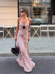Cyflymder   Women Pink Ditsy Floral Satin Maxi Dress Spaghetti Strap Deep V Neck Front Blackless Ruffle Hem Women Street Vacation Dress