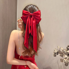 Cyflymder Christmas Elegant Red Streamer Large Bow Ribbon Hair Clip For Women Fashion Simple Solid Satin Ponytail Bow Hairpin Girls Hair Accessories