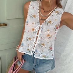 Cyflymder   New Fashion Popular Euramerican Elegant Flower Print Sleeve Shirts Y2k High Street All Match Hollow Out Thin Lace Up Clothes