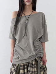 Cyflymder  Solid Grey Loose Drawstring T-shirt Asymmetrical Off-shoulder Short Sleeve T Shirts Women Casual Summer Tees y2k Vintage