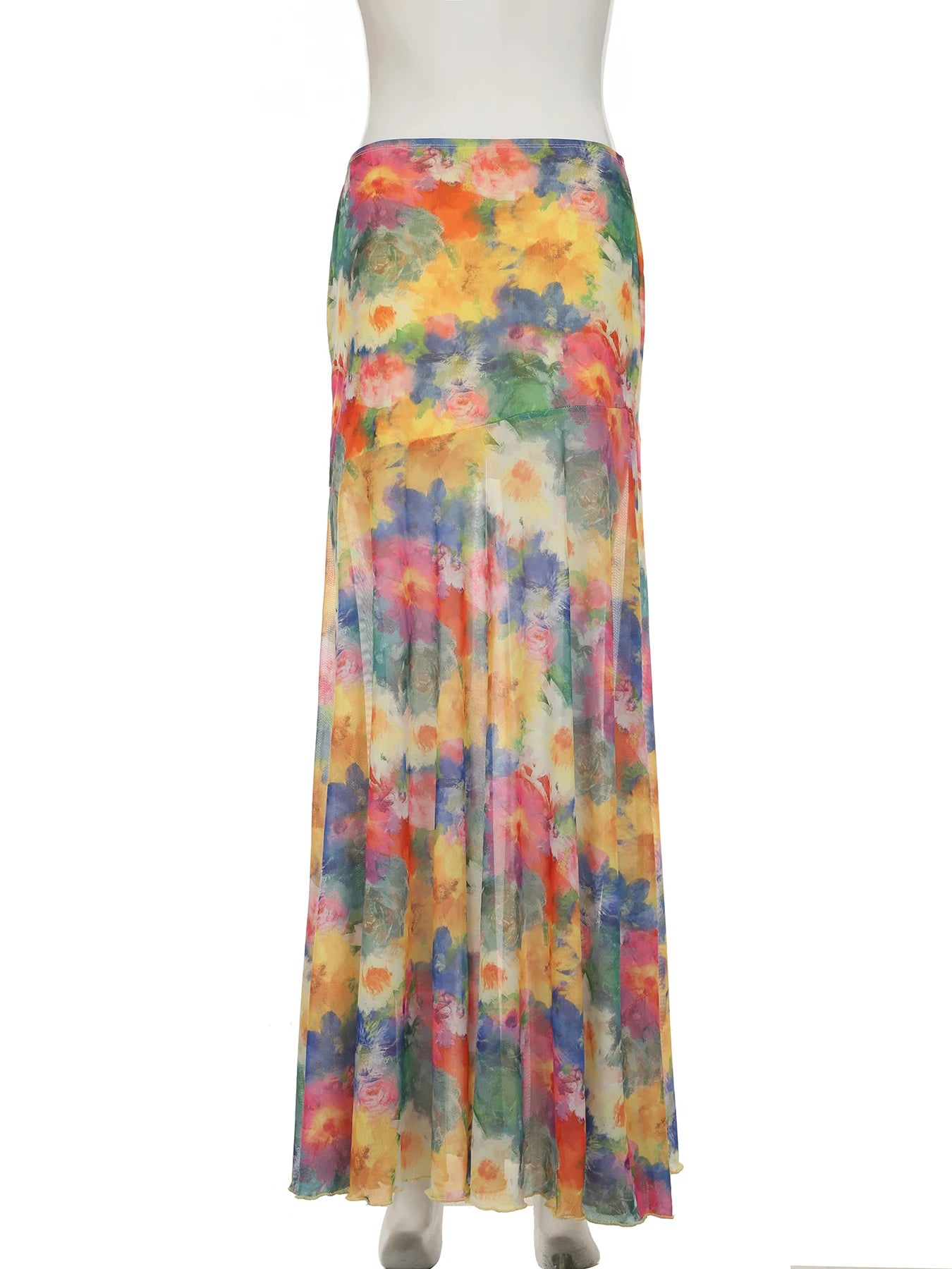 Cyflymder  Holiday Slim Floral Printed Mesh Skirts Beach Style  Low-Waisted Maxi Skirts Women 2025 Summer Fashion Streetwear Lady