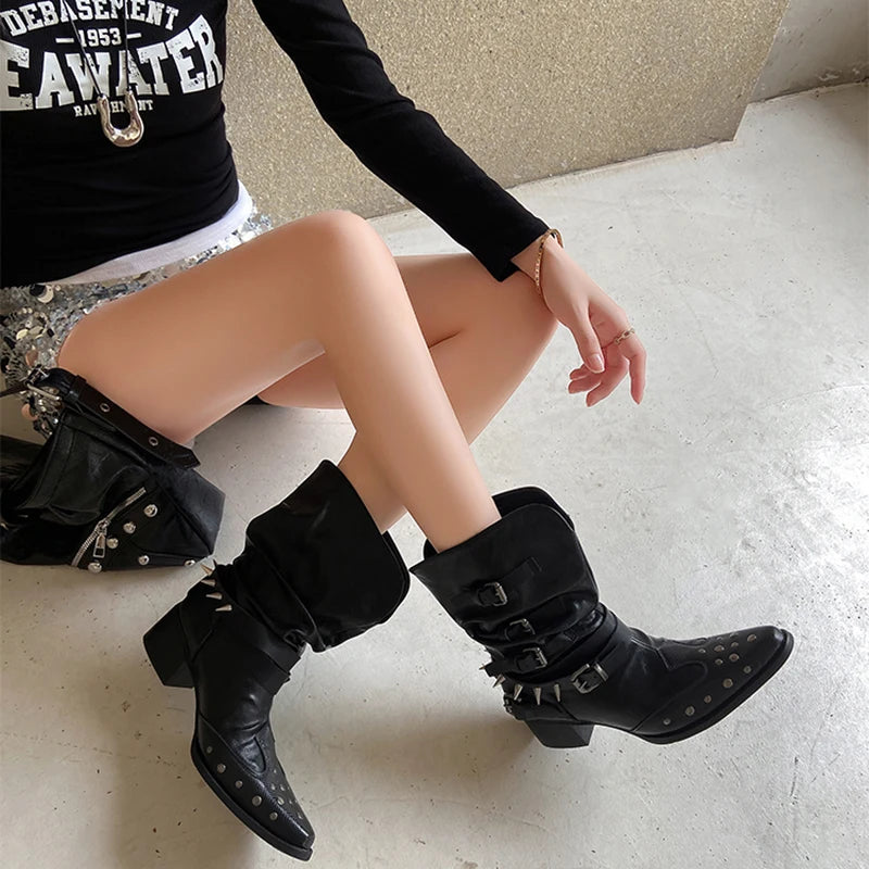 Cyflymder  Vintage Rivet Hottie Woman Knight Boots Shoes 2025 Autumn Ladies Elegant Pointed Toe Thick Heel Western Cowboy Botas