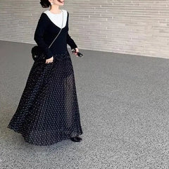Cyflymder  Women's Clothing Korean Polka Dot Long Skirts Vintage High Waist Spring Summer Aura Basic A-Line Stylish Folds Elegant Skirts