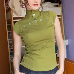 Cyflymder  Euramerican Vintage Stand Collar Temperament Blouse Y2k Aesthetic Spliced Buttons Design Slim Fit Women Clothes French Punk Tops