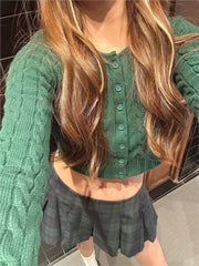 Cyflymder  Drak Green O-neck Knit Cardigan Women Spring Cotton Casual Streetwear Slim Cropped Sweaters Vintage Simple Sweet Kniitwear Y2K