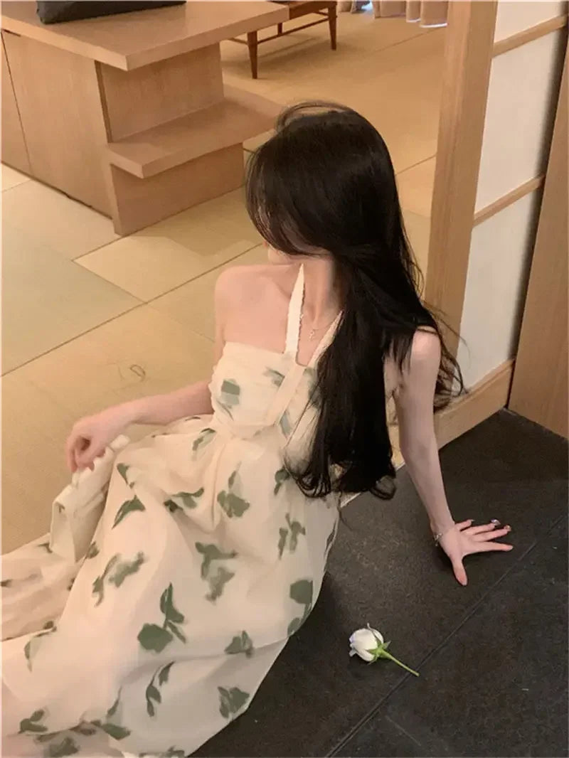 Cyflymder  Temperament Floral Neck Strapless Tulle Skirt Gentle Style Slim A-line Long Skirt