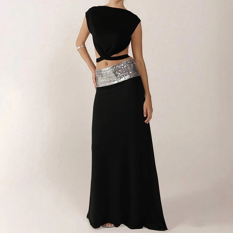Cyflymder  Elegant Shiny Splicing Slim Suit Fashion O-neck Cross Hollow Tops & Long Skirt Set Women Casual Sleeveless Solid 2 Piece Outfits