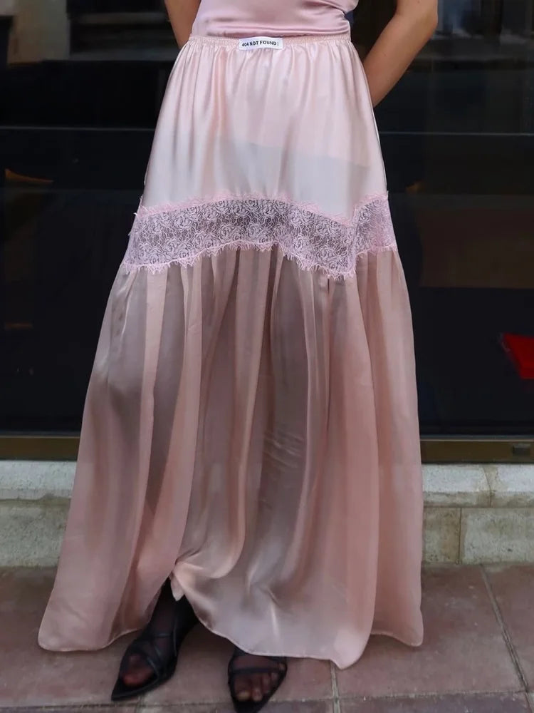 Cyflymder   Elegant Women Pink Skirt Summer Lightweight Lace Splicing A-line Skirts Lady High Waist Slim Party Beach Vacation Skirts