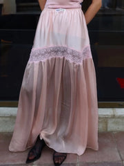 Cyflymder   Elegant Women Pink Skirt Summer Lightweight Lace Splicing A-line Skirts Lady High Waist Slim Party Beach Vacation Skirts