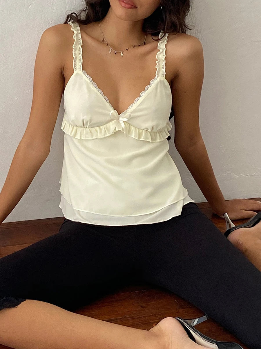Cyflymder  Kawaii Frill Spaghetti Strap Chiffon Vest Bow Front Ruffled Camisole Women Crop Top Retro Y2K Fairy Backless Clothes