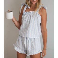 Cyflymder  Summer Women's Y2K 2Piece Striped PJs Loungewear Set Bow Knot Tied Shouder Straps Tank Tops +Drawstring Ruffled Shorts