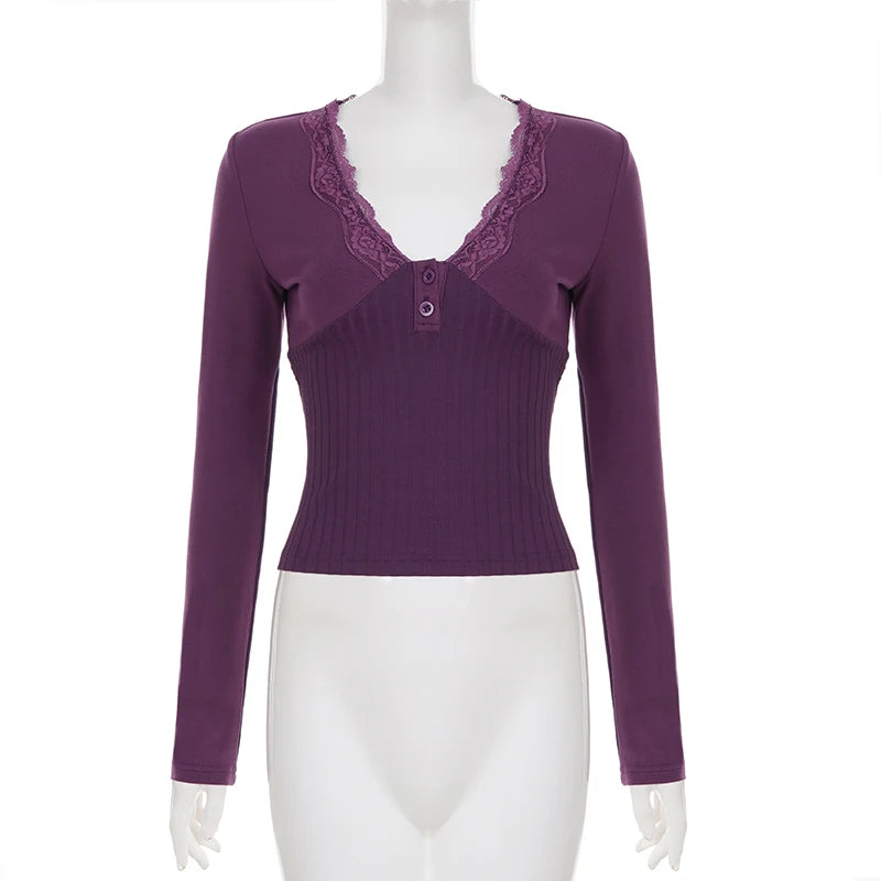 Cyflymder  Purple Elegant Lace Patchwork V-Neck Slim Knit Top Women Casual Long Sleeves Tees Fashion Sexy Clothing Spring Outfits