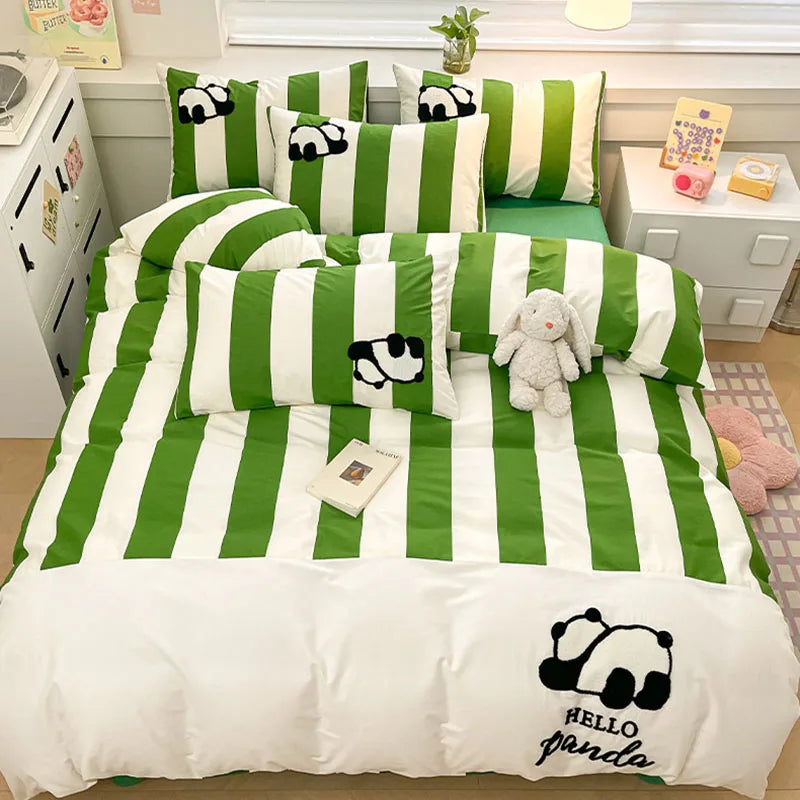 Cyflymder  Pure Cotton Cat Embroidery Stripes Bedding Sets Cartoon Skin Friendly Quilt Set for Dormitory Home Single Queen Size Bedclothes