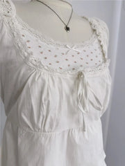 Cyflymder  White Lace Trim T-Shirt Shorts Set Women Summer Lace-up Puff Sleeve Blouse+Elastic Waist Short Pants Sweet Simple 2 Piece Sets