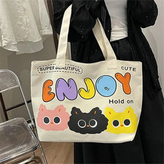 Cyflymder  Letter Printed Tote Bag, Cute Cartoon Canvas Handbag Shoulder Bag, Large Capacity Shopping Bag, Campus Computer School Book Bag