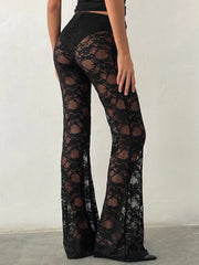 Cyflymder Sexy All-match Lace See-through High Waist Pant Women Long Casual Y2K Straight Trouser Female See Through Flare Pants