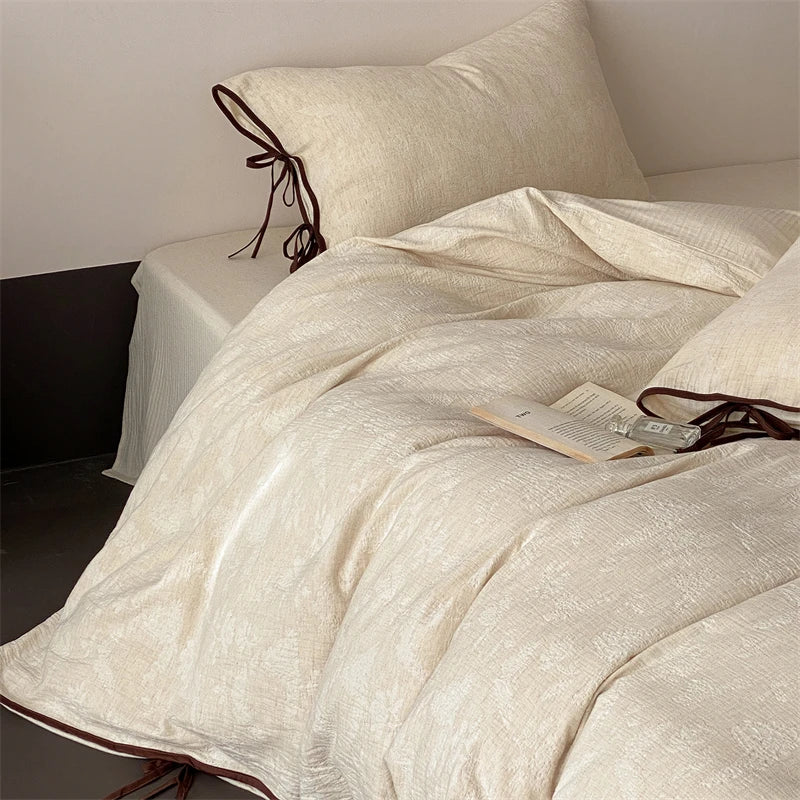Cyflymder  Vintage Jacquard Linen Cotton Luxury Bedding Set Double Queen King Size Duvet Cover Flat/Fitted Sheet Lace-Up Pillowcases 4Pcs
